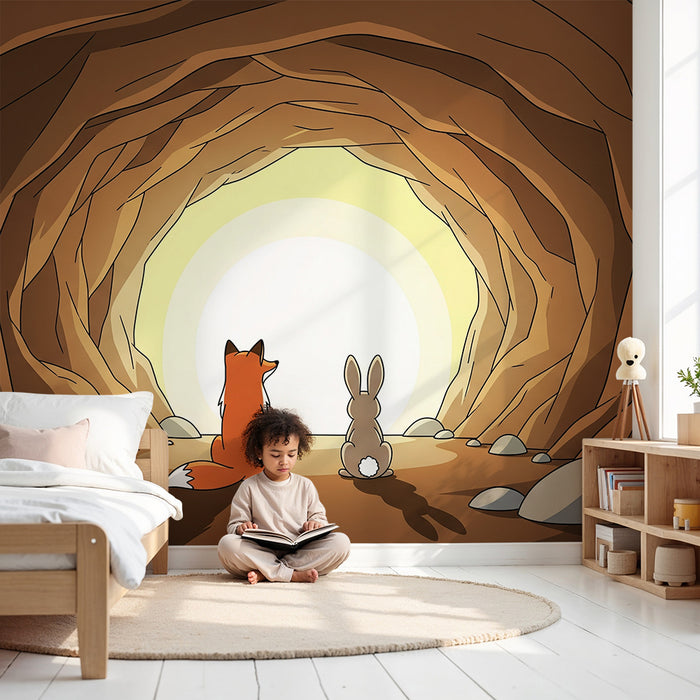 Children's room wallpaper | Fox and rabbit gazing at the light