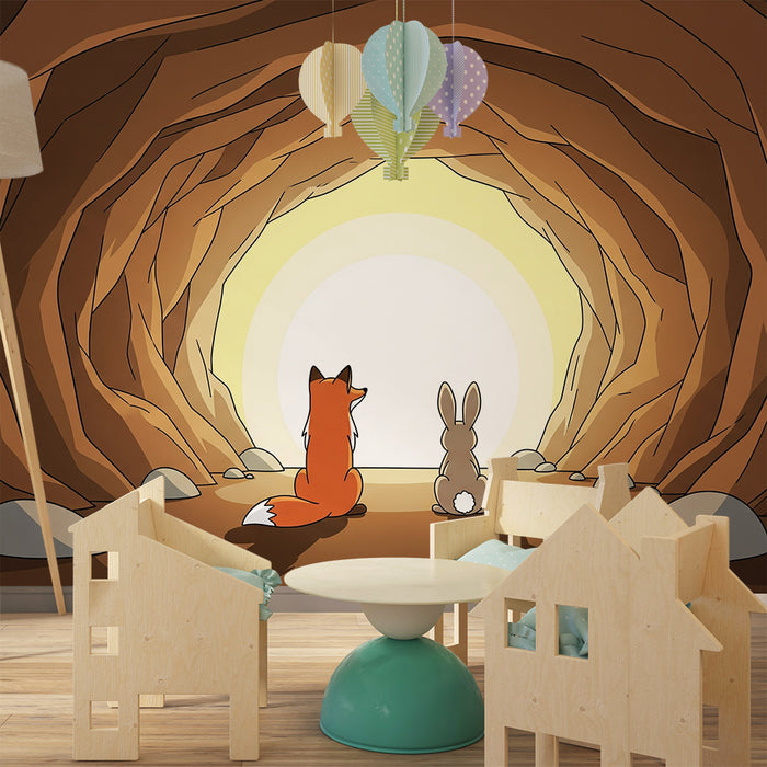 Children's room wallpaper | Fox and rabbit gazing at the light
