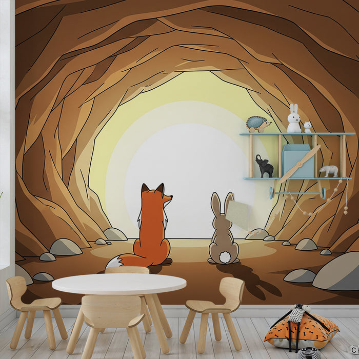 Children's room wallpaper | Fox and rabbit gazing at the light