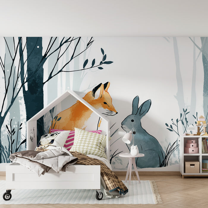 Kinderkamer behang | Vos en konijn in het bos