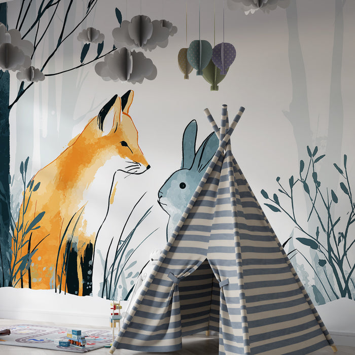 Kinderkamer behang | Vos en konijn in het bos