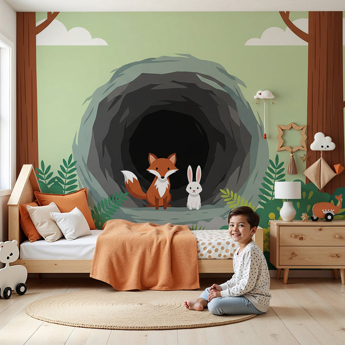 Papel pintado infantil | Zorro y conejo en el bosque encantado