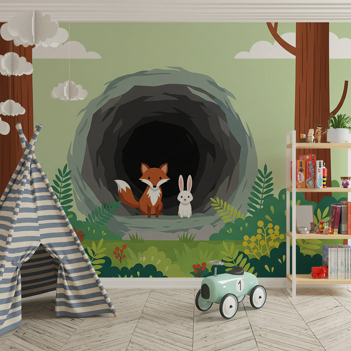Papel pintado infantil | Zorro y conejo en el bosque encantado