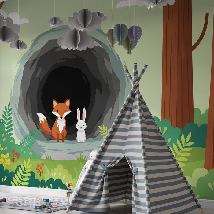 Papel pintado infantil | Zorro y conejo en el bosque encantado