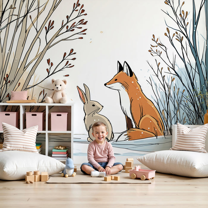 Kinderkamer behang | Vos en konijn in de sneeuw