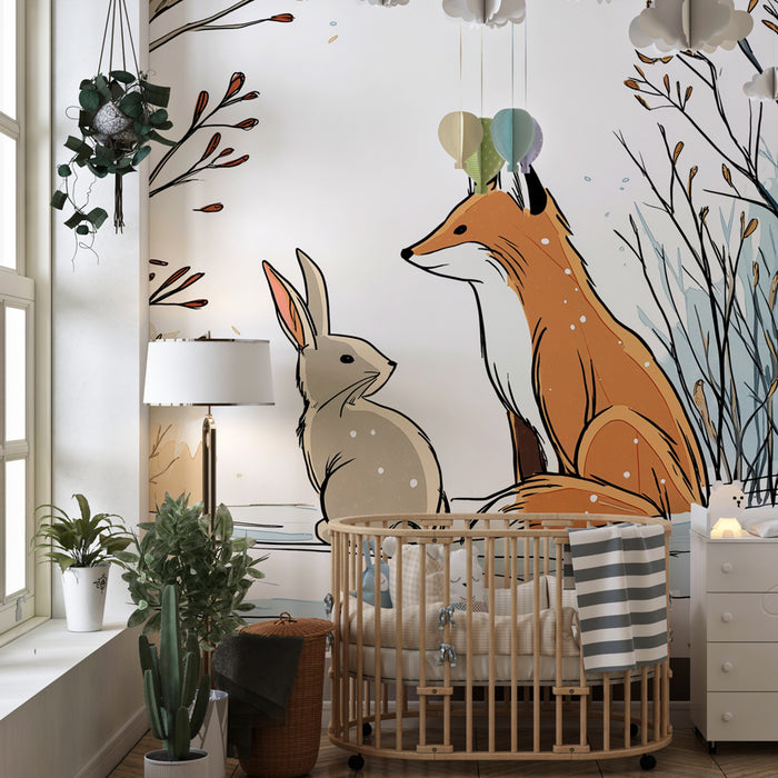 Kinderkamer behang | Vos en konijn in de sneeuw