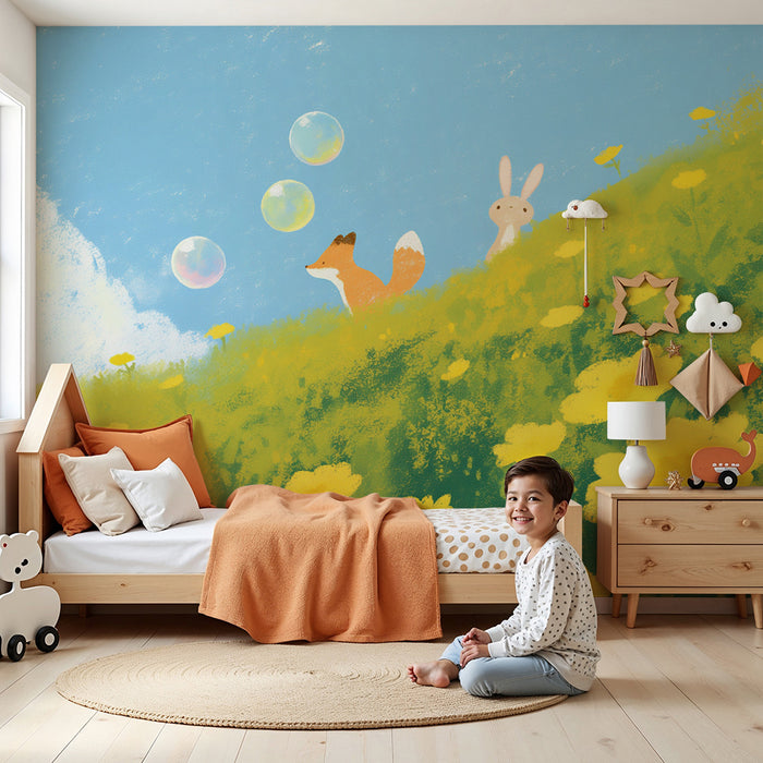 Papel de parede infantil | Raposa e coelho num campo florido com bolhas