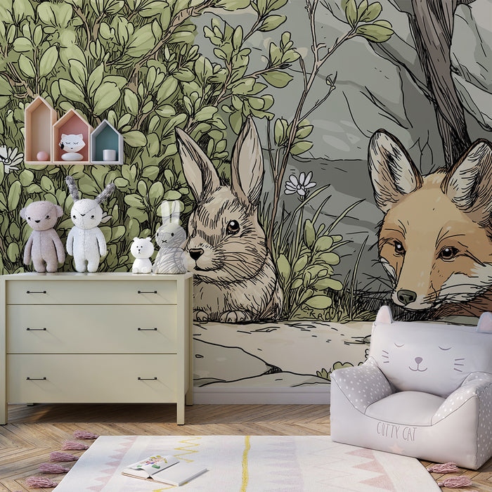 Kinderkamer behang | Vos en konijn in een natuurlijke omgeving
