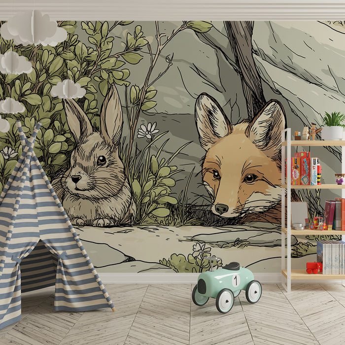 Kinderkamer behang | Vos en konijn in een natuurlijke omgeving