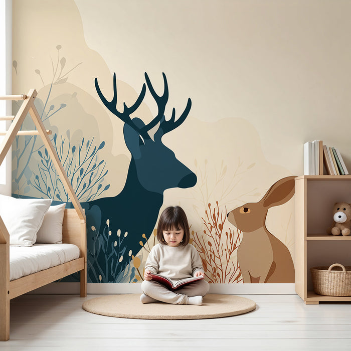Papier peint chambre enfant | Renard et lapin dans un paysage forestier apaisant