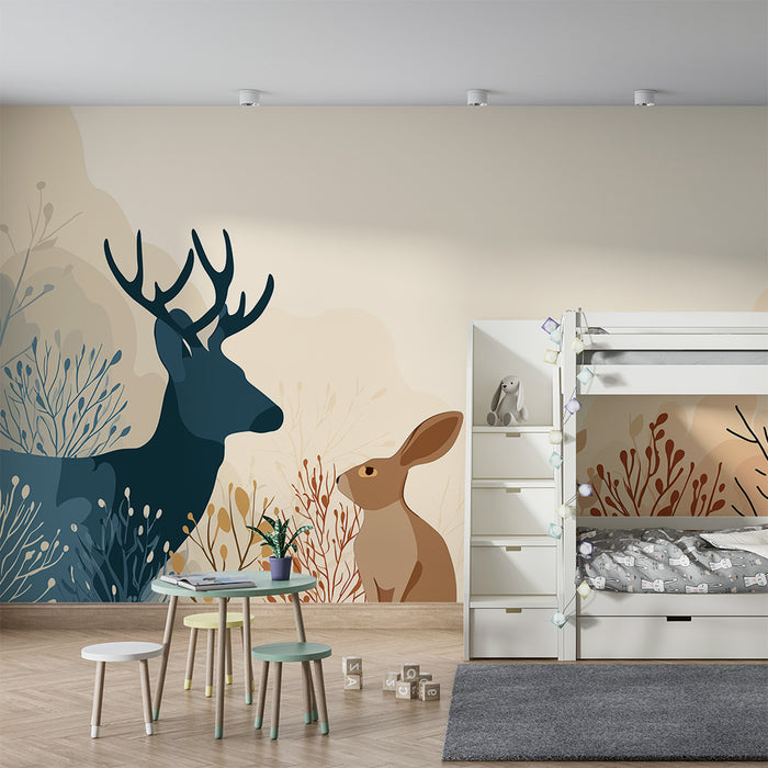 Papier peint chambre enfant | Renard et lapin dans un paysage forestier apaisant