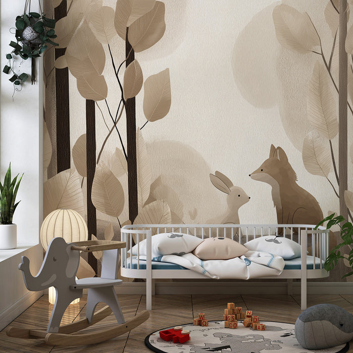 Papel de parede criança | Raposa e coelho em uma floresta suave e calmante