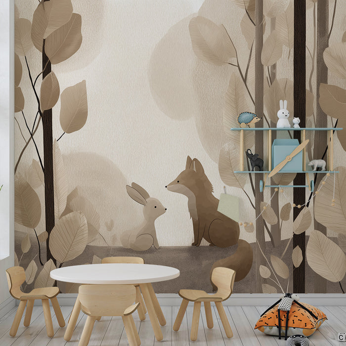 Papel de parede criança | Raposa e coelho em uma floresta suave e calmante