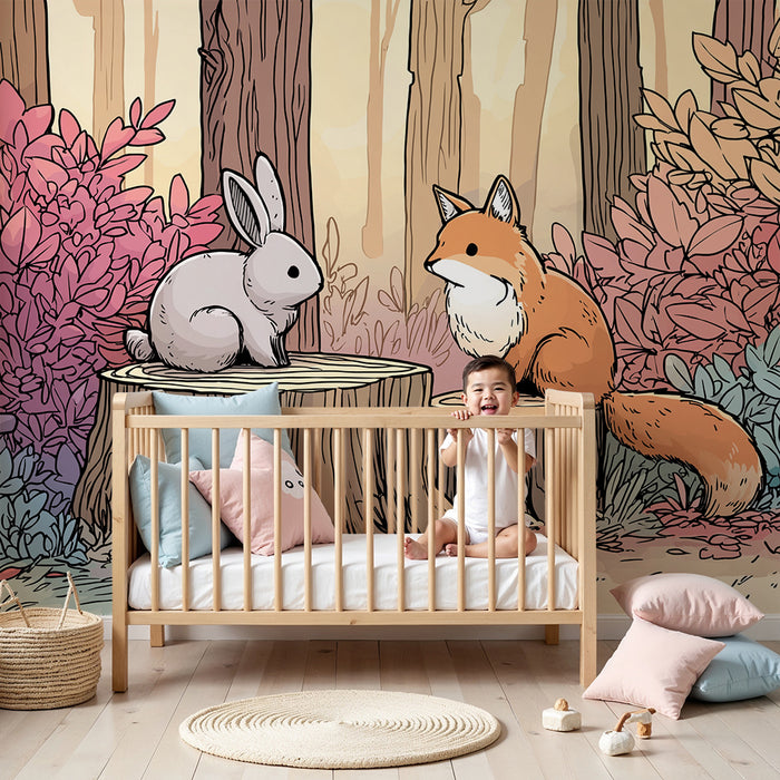 Kinderkamer behang | Vos en konijn in een betoverend bos