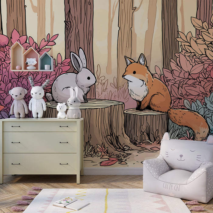 Kinderkamer behang | Vos en konijn in een betoverend bos