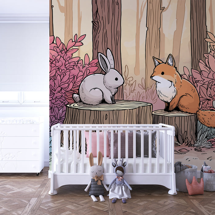 Kinderkamer behang | Vos en konijn in een betoverend bos