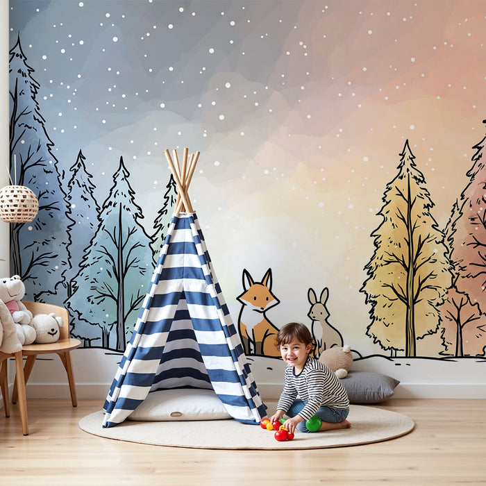 Papier peint chambre enfant | Renard et lapin dans une forêt enneigée