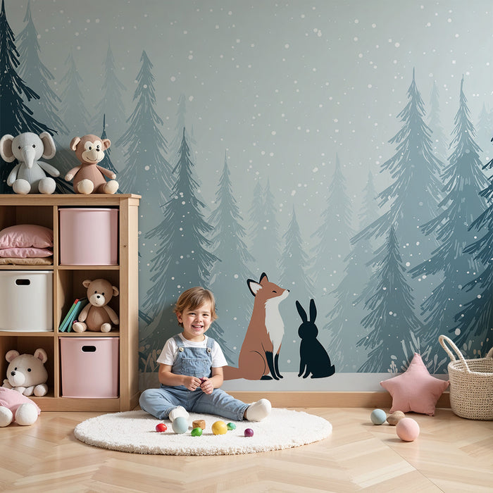 Kinderkamer behang | Vos en konijn in een besneeuwd bos