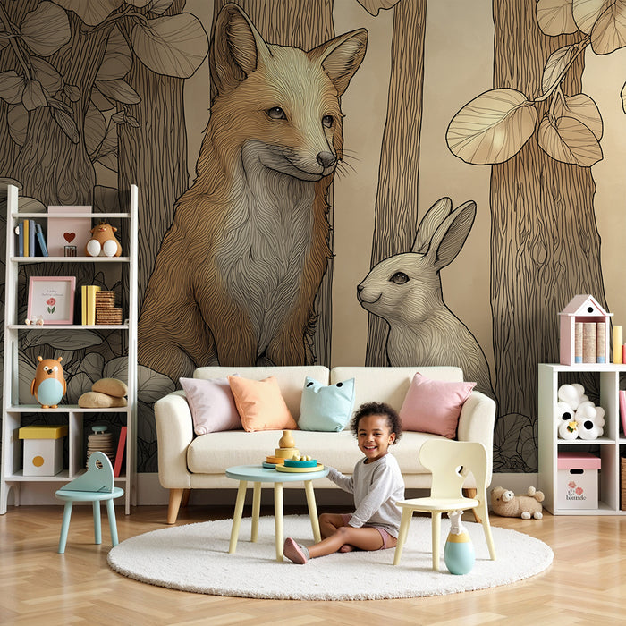 Tapet barnerom | Rev og kanin i en fredelig skog