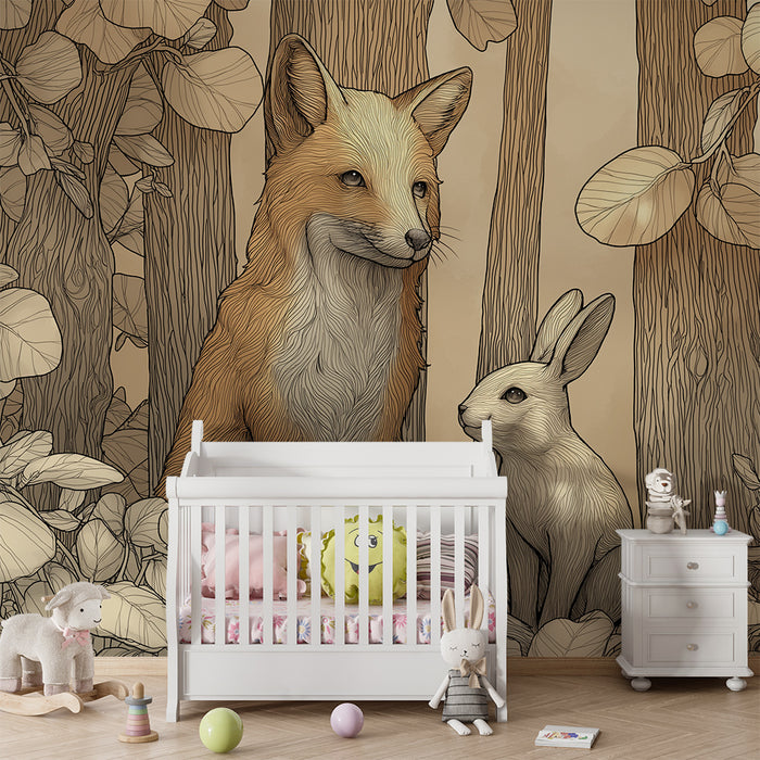 Tapet barnerom | Rev og kanin i en fredelig skog