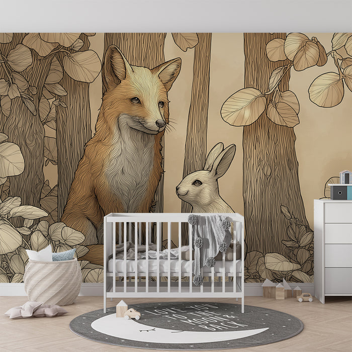 Tapet barnerom | Rev og kanin i en fredelig skog