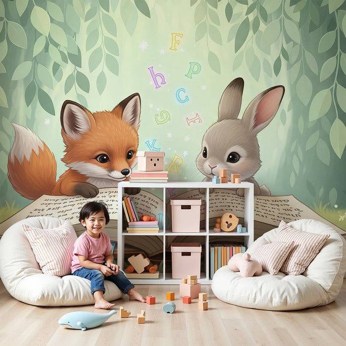 Kids room wallpaper | Fox and rabbit discover a magical book