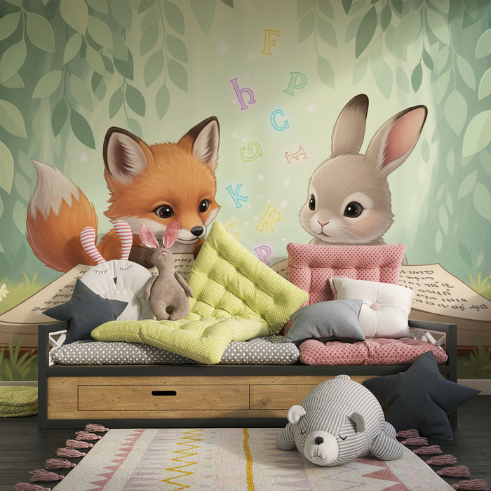 Kids room wallpaper | Fox and rabbit discover a magical book