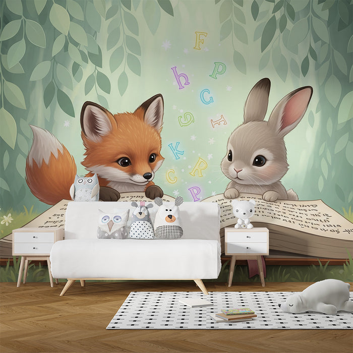 Kids room wallpaper | Fox and rabbit discover a magical book
