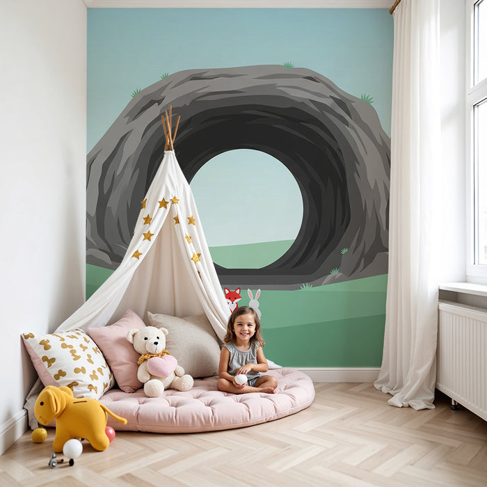 Papel pintado infantil | Zorro y conejo frente a una cueva misteriosa