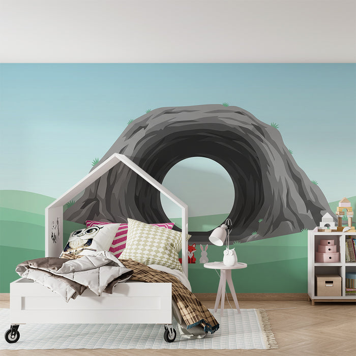 Papel pintado infantil | Zorro y conejo frente a una cueva misteriosa
