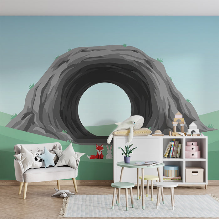 Papel pintado infantil | Zorro y conejo frente a una cueva misteriosa