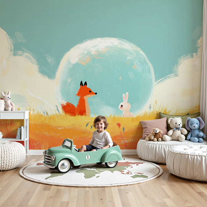 Kinderkamer behang | Vos en konijn in het veld