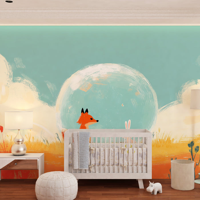 Kinderkamer behang | Vos en konijn in het veld