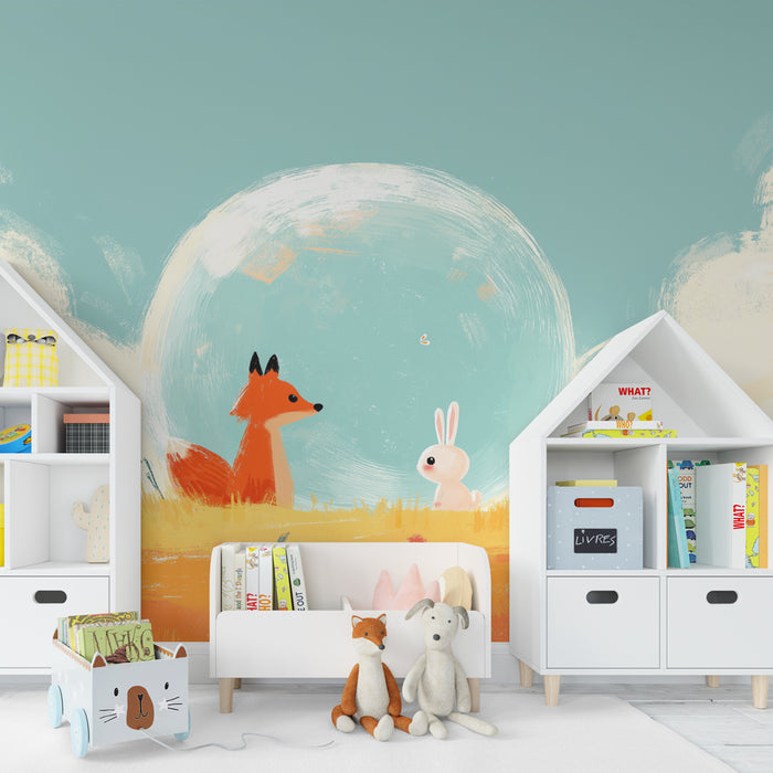 Kinderkamer behang | Vos en konijn in het veld