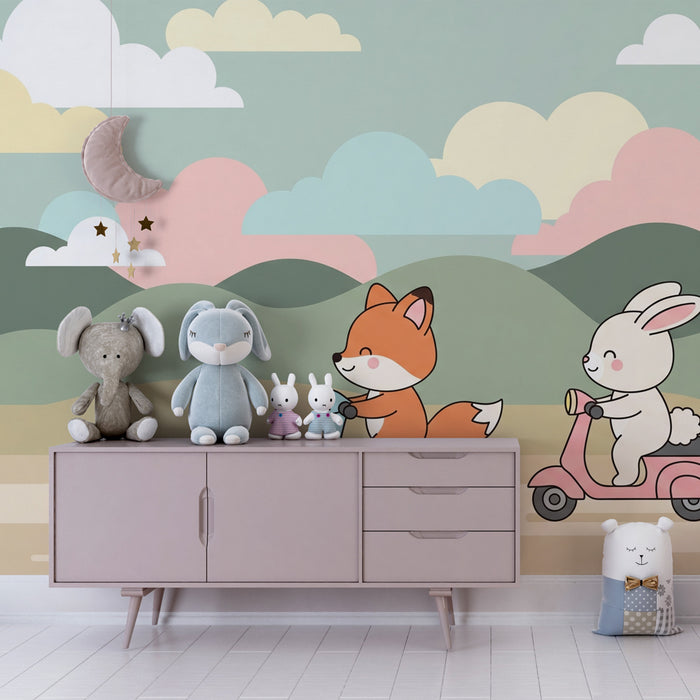 Papel de parede criança | Raposa e coelho em scooter