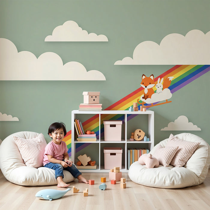Papel pintado infantil | Zorro y conejo deslizándose por un arcoíris en un cielo nublado