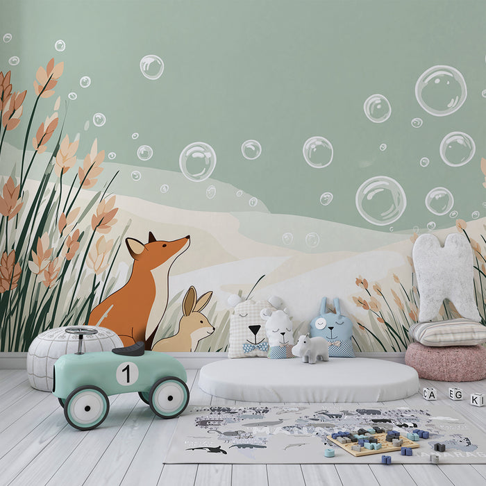 Barntapet | Räv och kanin bland blommor och bubblor