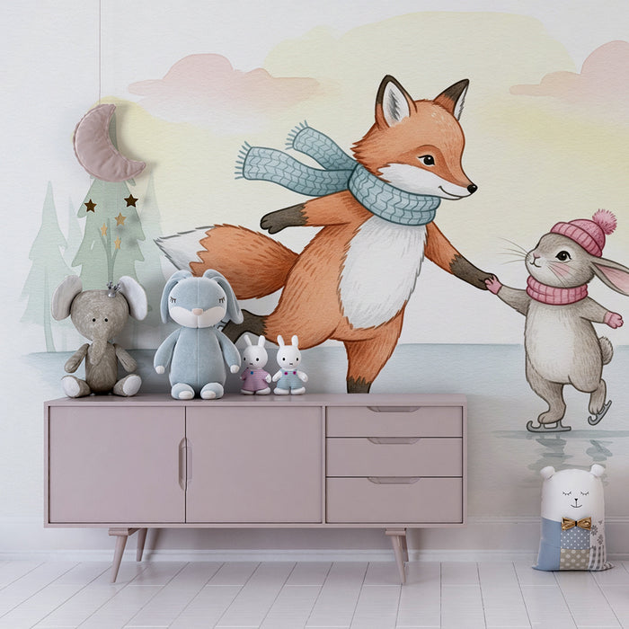 Børneværelse tapet | Ræv og kanin skøjteløbere på isen