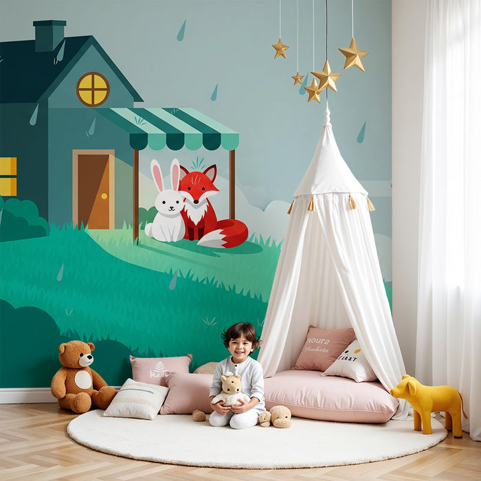 Children's Room Wallpaper | Fox and Rabbit in the Rain in a Green Landscape