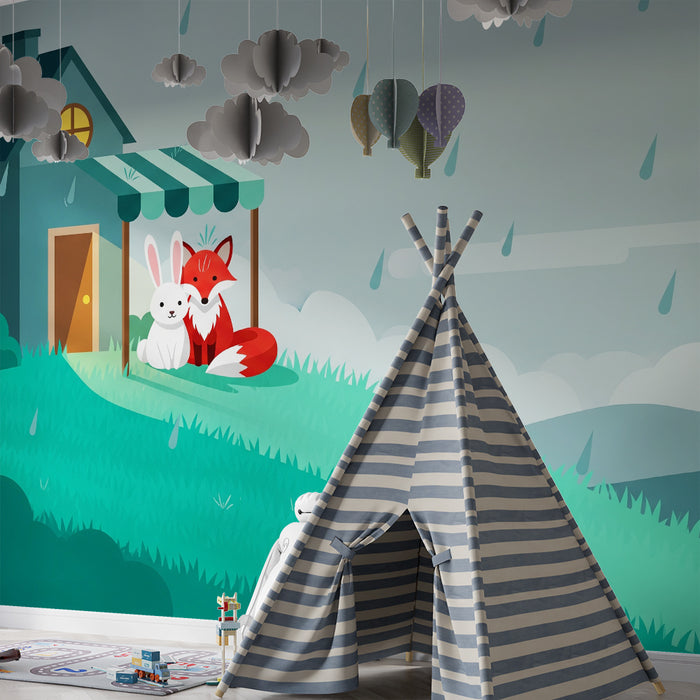 Children's Room Wallpaper | Fox and Rabbit in the Rain in a Green Landscape