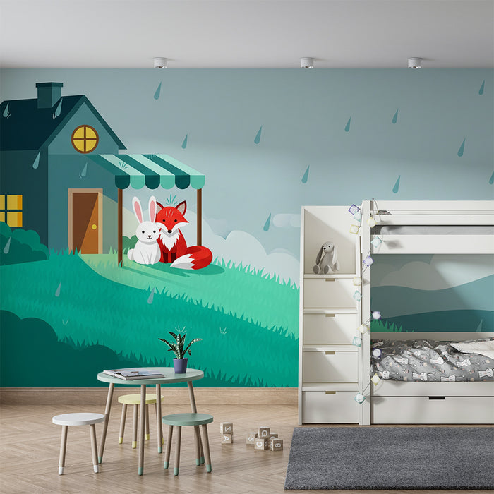 Children's Room Wallpaper | Fox and Rabbit in the Rain in a Green Landscape
