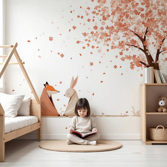 Kids room wallpaper | Fox and rabbit under a blossoming cherry tree