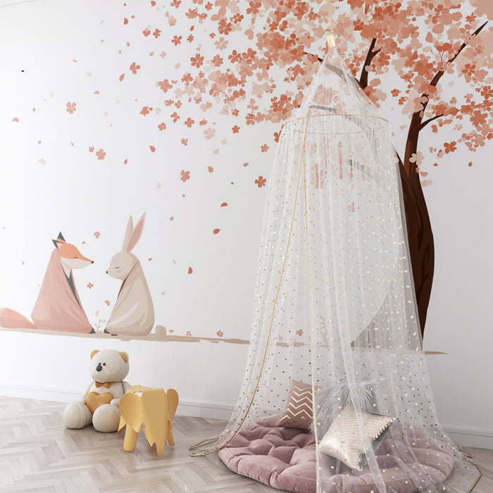 Kids room wallpaper | Fox and rabbit under a blossoming cherry tree