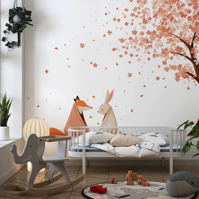 Kids room wallpaper | Fox and rabbit under a blossoming cherry tree