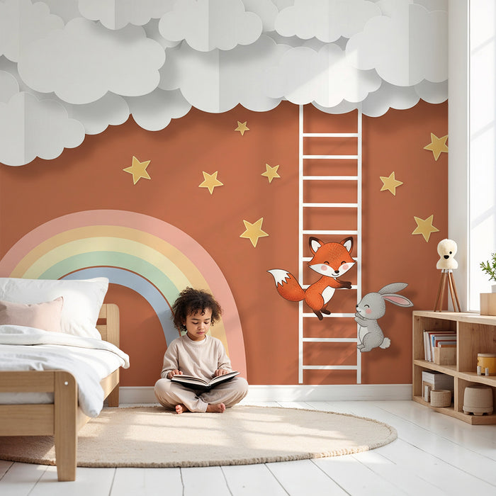 Papel pintado infantil | Zorro y conejo bajo un cielo estrellado con arcoíris