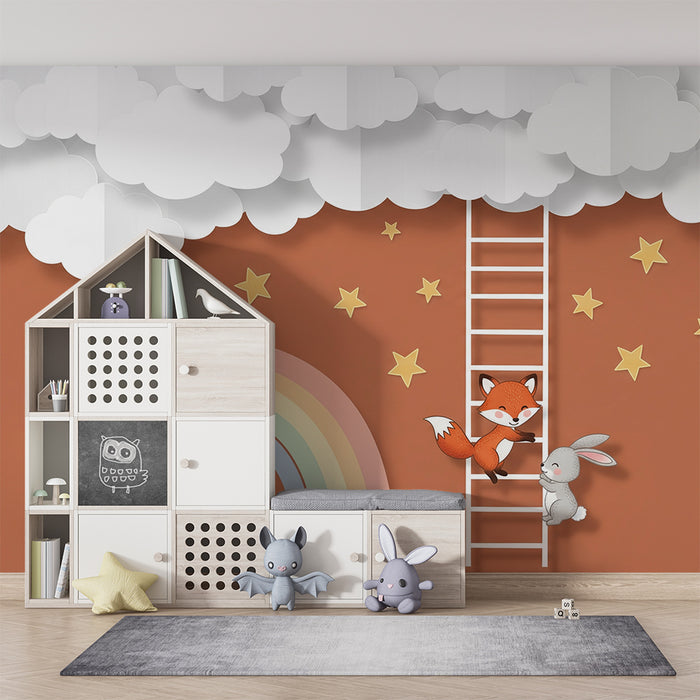 Papel pintado infantil | Zorro y conejo bajo un cielo estrellado con arcoíris