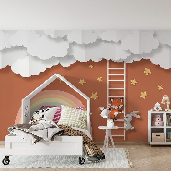 Papel pintado infantil | Zorro y conejo bajo un cielo estrellado con arcoíris
