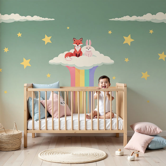 Papel pintado infantil | Zorro y conejo en una nube con arcoíris y estrellas