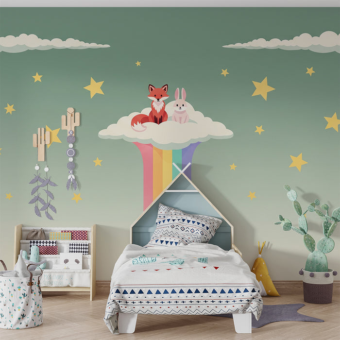 Papel pintado infantil | Zorro y conejo en una nube con arcoíris y estrellas