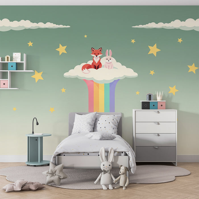 Papel pintado infantil | Zorro y conejo en una nube con arcoíris y estrellas